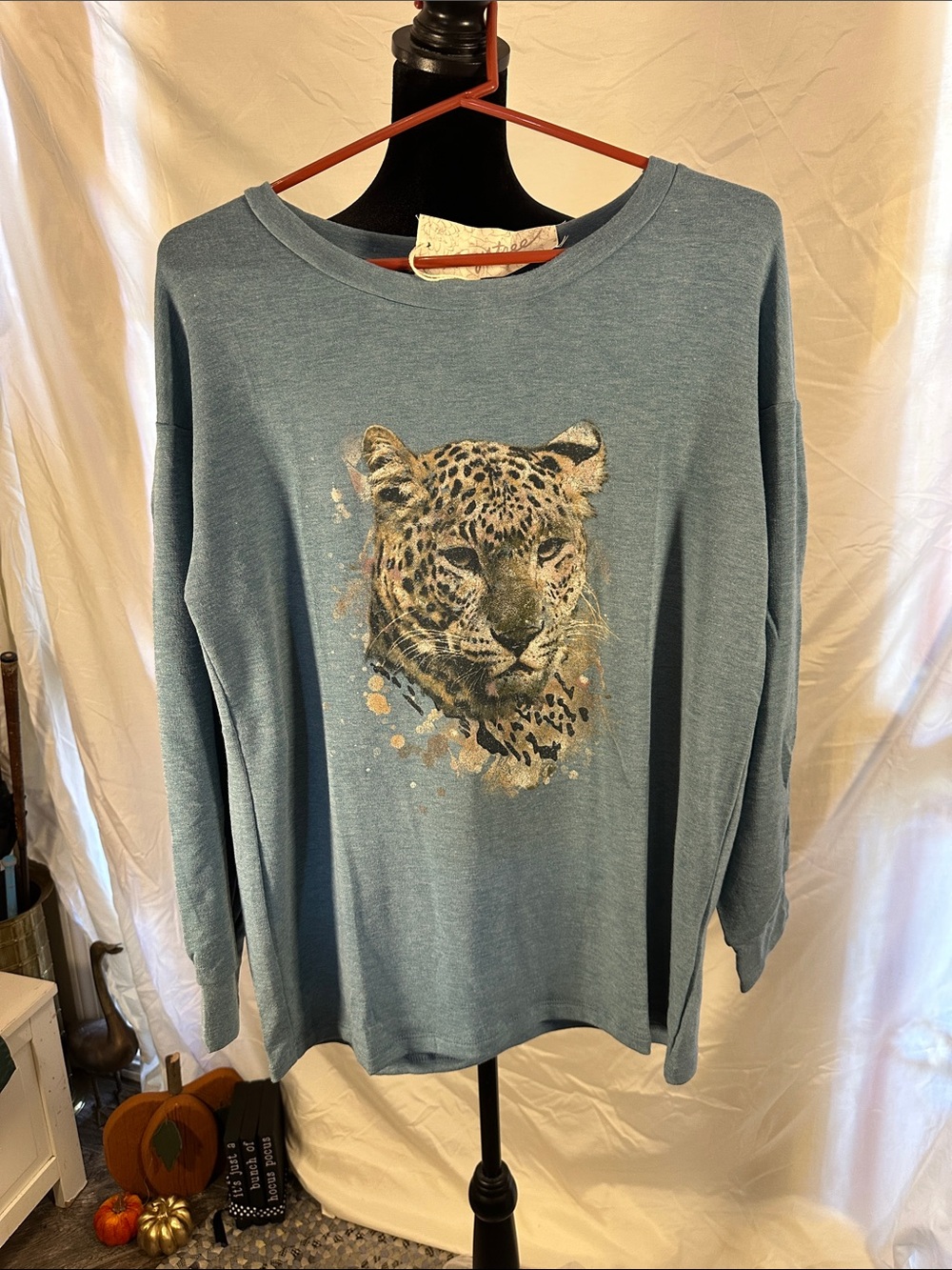 Mystree Teal Long Sleeve Tee with Leopard Face Graphic